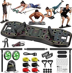 LALAHIGH Portable Home Gym System: Large Compact Push-Up Board, Pilates Bar & 20 Fitness Accessories with Resistance Bands & Ab Roller Wheel - Full Body Workout for Men and Women