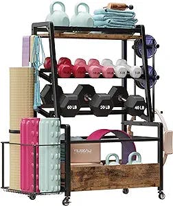 IRONCK Dumbbell Rack, Home Gym Storage Rack for Dumbbells Kettlebells Yoga Mat and Balls, Weight Rack All in One Workout Equipment Storage Organizer With Hooks and Wheels