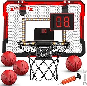 TEMI Indoor Basketball Hoop for Kids, Indoor Over The Door Mini Basketball Hoops, LED Light Mini Hoop with Electronic Scoreboard & 4 Balls, Basketball Game Toys Gifts for Kids Boys Teens
