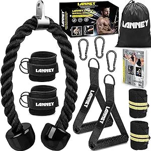 Tricep Rope Cable Machine Attachment, 35" Triceps Pull Down Rope LAT Pulldown Attachments, Home Gym Accessories Set with Resistance Bands Handle, Ankle Straps, Carabiner, Wrist Wraps for Exercise